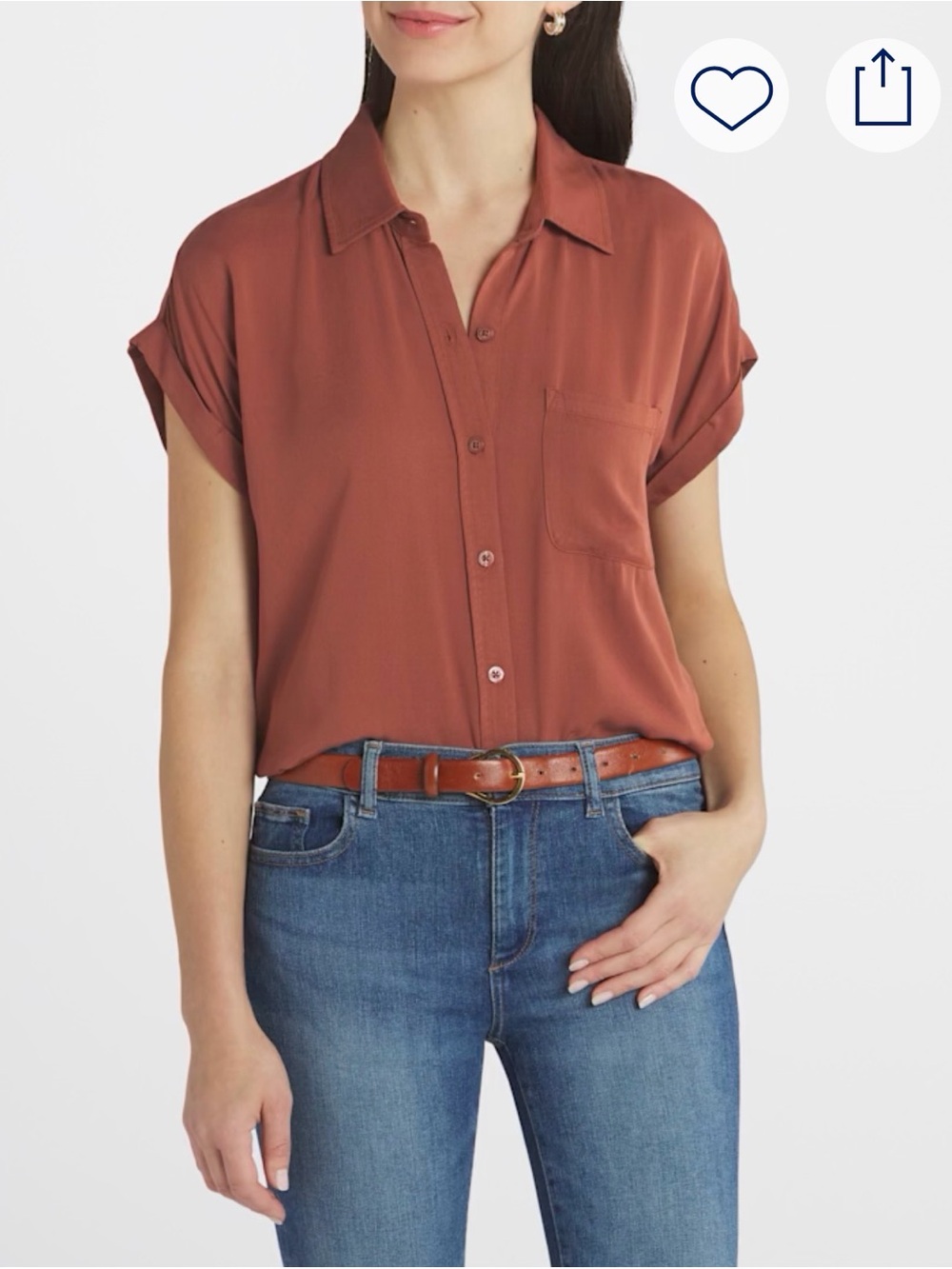 Tori Henley Blouse - Rust Short-Sleeve Button Front Shirt